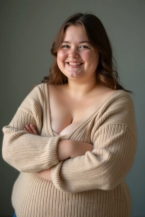 Obese thirteen-year-old girl,  she has an open mouth she has braces on her teeth,She wears a very tight sand-colored knitted sweater, full unbuttoned, He's showing both shoulders, She's not wearing any clothes under the knitted sweater,She has huge breasts...