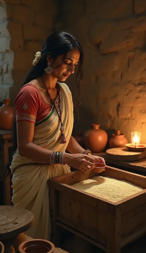 "Create a realistic image of an ancient Indian woman from the Purana period, dressed in traditional attire, taking raw rice (Pacharisi) from a wooden storage box in a traditional Indian home. The setting is a rustic kitchen with earthen pots, a grinding st...