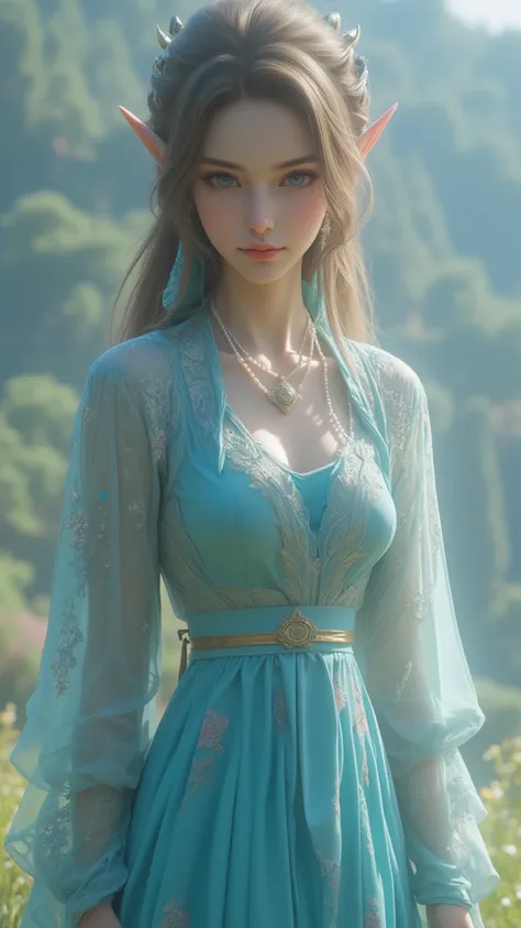 一幅charming的藝術品， Zelda Inspired ，散發出charming優雅的魅力， Slightly Calm Smile ：0.3， Wearing a Delicate and Delicate Long Water Blue Dress， Long Smooth Aqua Blue Skirt ，Pearl Necklace ， Gold Plate as a Necklace ， Fantastic ，wondrous，charming的， Historical Fantasy ，L...