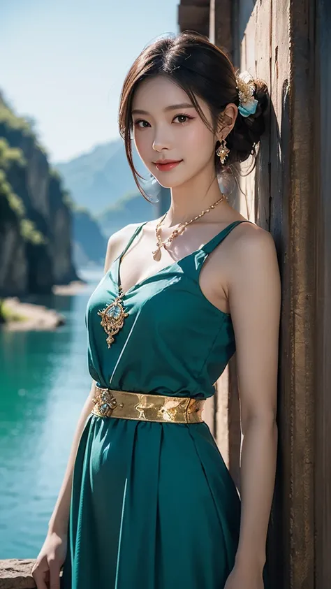 一幅charming的藝術品， Zelda Inspired ，散發出charming優雅的魅力， Slightly Calm Smile ：0.3， Wearing a Delicate and Delicate Long Water Blue Dress， Long Smooth Aqua Blue Skirt ，Pearl Necklace ， Gold Plate as a Necklace ， Fantastic ，wondrous，charming的， Historical Fantasy ，L...