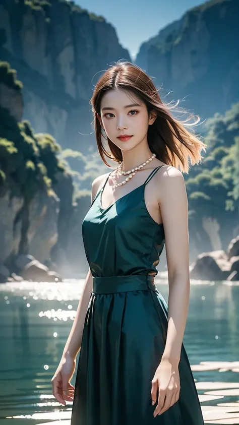 一幅charming的藝術品， Zelda Inspired ，散發出charming優雅的魅力， Slightly Calm Smile ：0.3， Wearing a Delicate and Delicate Long Water Blue Dress， Long Smooth Aqua Blue Skirt ，Pearl Necklace ， Gold Plate as a Necklace ， Fantastic ，wondrous，charming的， Historical Fantasy ，L...