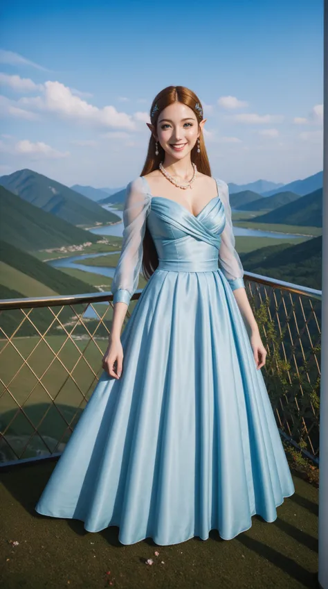 一幅charming的藝術品， Zelda Inspired ，散發出charming優雅的魅力， Slightly Calm Smile ：0.3， Wearing a Delicate and Delicate Long Water Blue Dress， Long Smooth Aqua Blue Skirt ，Pearl Necklace ， Gold Plate as a Necklace ， Fantastic ，wondrous，charming的， Historical Fantasy ，L...