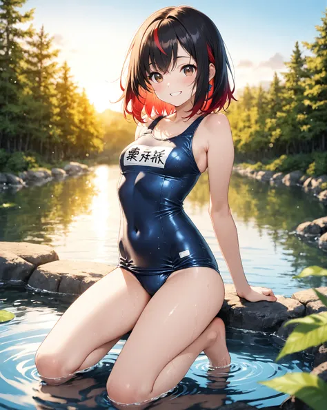 ( girl):  Japanese anime style、 Japanese manga style 、solo、( perfect face)、(Detailed clothing)、優雅な girl、 Incredible Smile、 happy、Jumping with Joy 、Coffee colored hair、 medium hair、 brown eyes、( school swimsuit)、

 (background):  front view、Outdoors、Forest ...