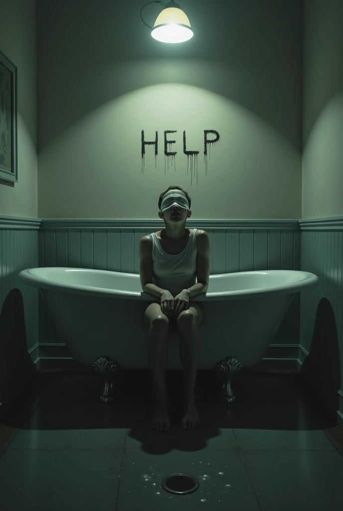 A surreal, moody scene set in a dimly lit, vintage-style bathroom. In the center is an empty white bathtub with a worn, classic design. Seated inside are two people, a blindfolded figure with a somber, introspective expression and another man . The figure’...