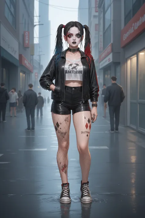 full-body shot of Harley Quinn as a sexy goth girl caught in a torrential downpour. long black hair in twintails, wet hair, pale skin, white skin, wet skin, black mascara, black lipstick, black nail polish, tattoos, breasts, iconic costume, black collar wi...