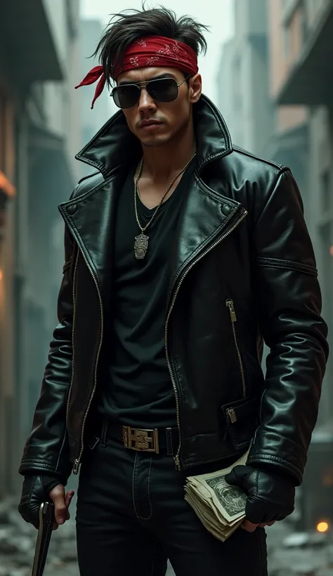 A young male gangster in black leather,  leather gloves,  sunglasses,  bandana headband , With money in the left hand and a fighting knife in the right fist 