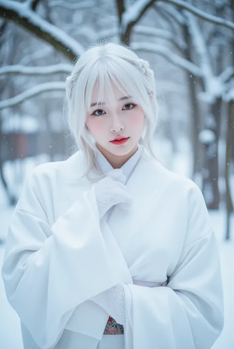 (4k, ultra high res, best quality, masterpiece:1.2), (photo realistic:1.35), (studio lighting),exceptionally detailed RAW color photo, professional-grade photograph,bewitching snow woman,red lips, white hair,looking at viewer, seducing smile,wearing (super...