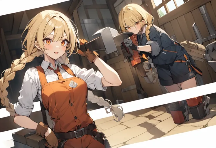 The blacksmith woman 、 blonde、Work clothes、 braids、 Orange Eyes、 gloves