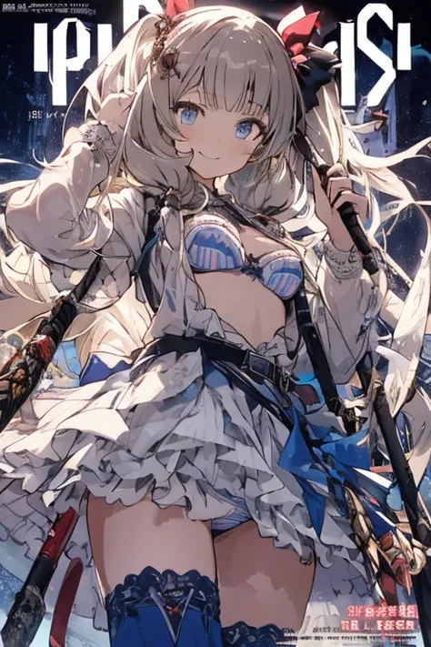 (from below:1.2), ((best quality:1.5)), (ultra-detailed:1.5), (cinematic lighting, cinematic posing), (masterpiece), (best quality), detailed,1 girl, soro, twintails, long wavy hair twintails.hairs between eyes,blue eyes ,silverblonde hair, (qute magical g...