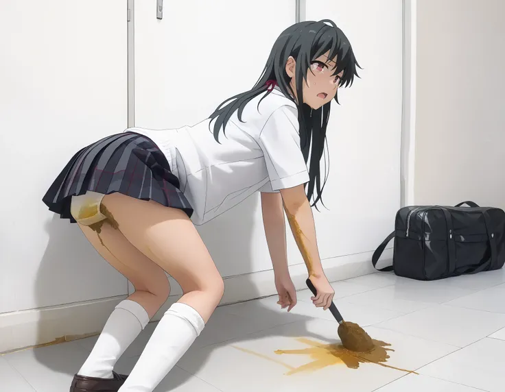 yukino yukinoshita, Panty Poop ,nsfw,(ass with poop ),( pee:1.8), girl,( black hair),( humiliating scenes that nobody wanted to see: 1.3), (( crying)), fear, Sobbing,(  full face brush ), red eyes ,throw,School uniform,School,Cross Room ,Indoor shoes,( ple...