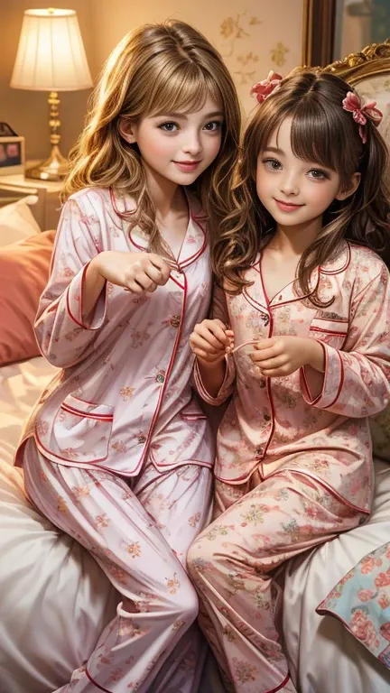 (Best quality, high resolution, masterpiece: 1.3), ((s)), ((SFW)), (sexy), (cute), (warm night light), (three young girls:2.0), (girls are playing with each other in bedroom), sharp face, (beautiful girls in cute pyjamas), (cheerful smile), flat chest, sli...