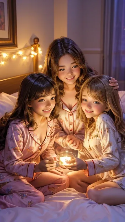 (Best quality, high resolution, masterpiece: 1.3), ((s)), ((SFW)), (sexy), (cute), (warm night light), (three young girls:2.0), (girls are playing with each other in bedroom), sharp face, (beautiful girls in cute pyjamas), (cheerful smile), flat chest, sli...