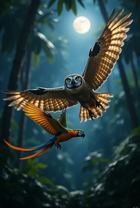 "A fierce and dramatic battle between a majestic Owl and a vibrant Parrot. The Owl, with its sharp talons extended and piercing yellow eyes glowing, dives swiftly through the air, wings spread wide in a powerful display. The Parrot, colorful and defiant, f...