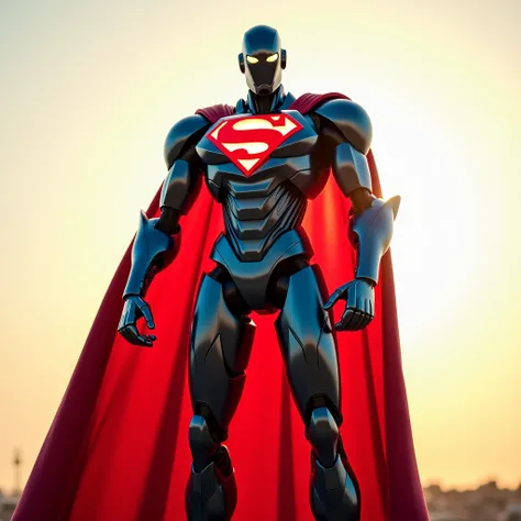 **"A towering robotic figure styled after Superman, with a red cape flowing behind, blue and red metallic armor, and a glowing emblem on its chest, standing heroically under the sun."**