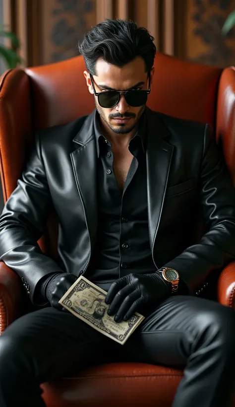  A young male gangster in a black leather suit,  leather gloves,  leather business shoes,  sunglasses, With money in his left hand sitting in a leather chair 