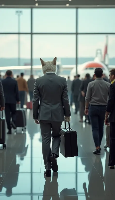 Inside a bustling airport terminal, a muscular white cat in a sharp gray suit walks confidently toward the boarding gate, holding a sleek black briefcase in one paw. Around him, a crowd of passengers streams past, some wheeling luggage while others chat or...