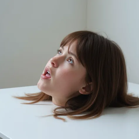 Close view of a beautiful, dead, 21 years old girl's disembodied head lying on a white table, in side view. She is tilting her head back completely. She is looking up. The camera looks at her from above. She has beautiful, straight, thick, smooth, silky, s...