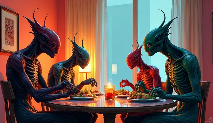 A sketch illustration painting of a  hotel with different species of alien hybrid sitting and eating food on the table  decent art style gaming concept artwork cyberpunk style brutalist design, 4k,elaborate,  sureally multicoloured anatomically, translucen...