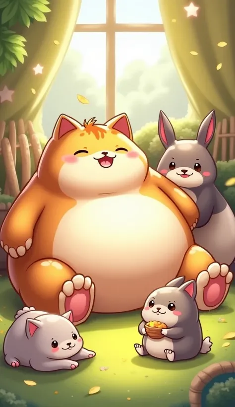 A group of adorable, chubby animals in a cozy, cartoon-style environment. The scene includes a fat cat lounging lazily, a fluffy dog sitting happily, a pudgy hamster holding a snack, and a rotund rabbit resting on soft grass. The background features a warm...