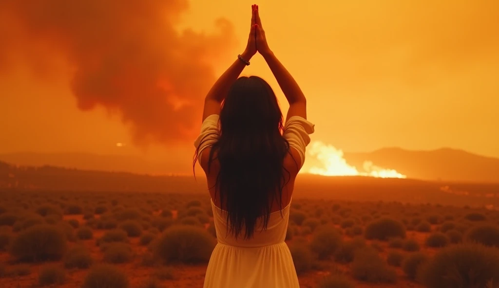 A Selena Gomez with long dark hair, wearing a flowing white dress, stands in the midst of a burning California landscape. The sky glows orange and red with ash swirling in the air. Despite the chaos, the singer raises her hands in a prayerful gesture, symb...