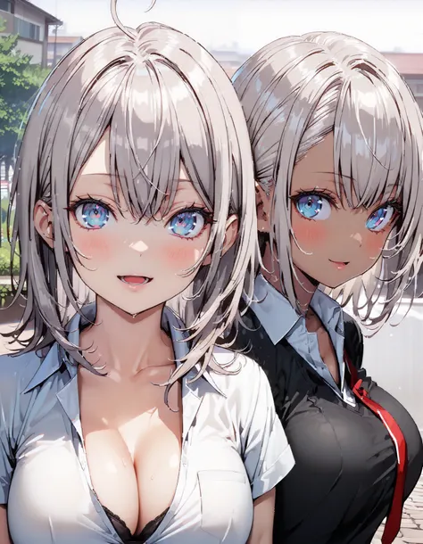  alisa mikhailovna kujou ,  long hair, bangs,  blue eyes,  hair bow, stupid hair,  Grey Hair ,smile,blush, open your mouth,  school uniform, tan,  white shirt, Short sleeve, Big Breasts, cleavage, gal, collared shirt,Short sleeve,School bag , black mini pl...