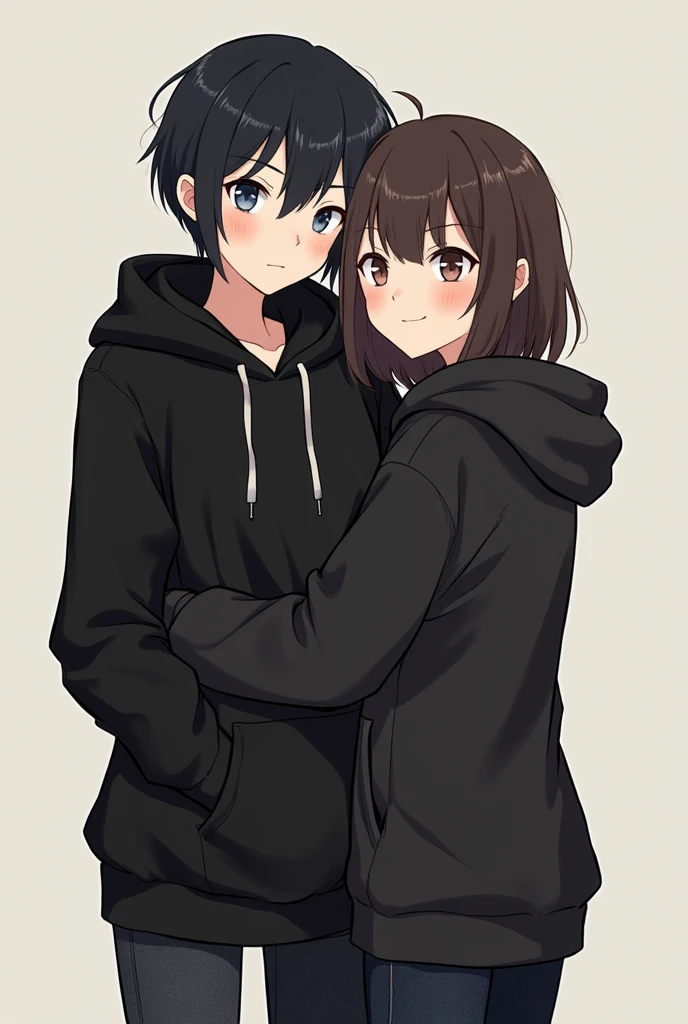 Two girls, lesbians, one with short side haircut black colored, German and with sharp ice blue eyes and tall, masculine but skinny, older, wearing a black hoodie and black jeans, expression firm but soft. The other one is shorter, wolfcut shoulder length h...