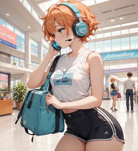  A light-skinned Tomboy ,  small breasts,  big thighs ,  short curly light orange hair, light green eyes,  sleeveless t-shirt wears loose shorts aesthetic , an aesthetic , Is there a mall, blush,  closed mouth , is in profile,  wears headphones and is usin...