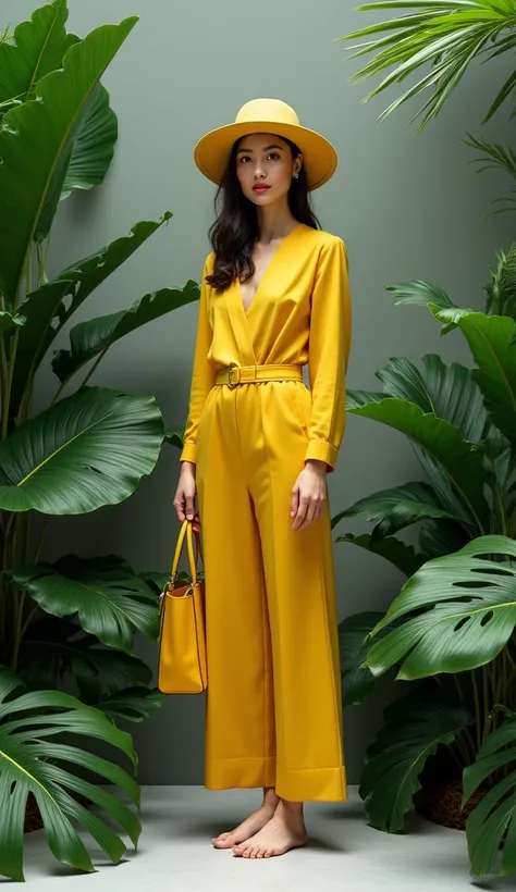 Full body woman wearing elegant simple modern yellow trousers, with a long sleeve yellow top and a yellow sunhat ,standing barefoot in the middle of a dense jungle, , holding a yellow bag on one arm, looking into the camera. All with a grey background