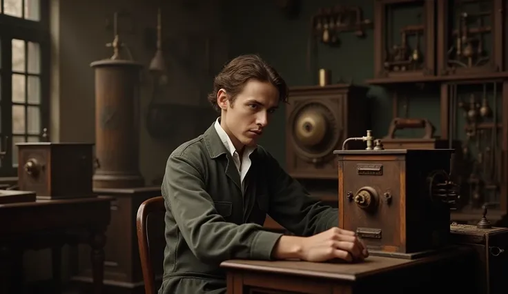 A young Edison, in 19th-century work clothes, sitting at a wooden telegraph machine. The room is dimly lit, filled with telegraph equipment, wires, and old-fashioned tools. Edison has a focused, serious expression on his face as he carefully operates the m...