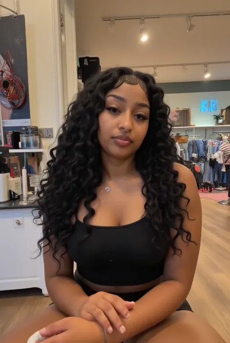 a picture of a 2000s slim thic pretty black girl from Atlanta black baddie girl with a video aesthetic with a nice define chiseled jawline with almond slanted shape eyes and she at her modern home and has long moist curly hair and she is shopping 