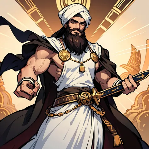  one man , Arabic features ,beard ,  wearing an ornate dress ,  brown turban  ,  whose hand is made of white light ,  Hazel eyes  , Strong body , muscular ,He carries two swords , Hey 