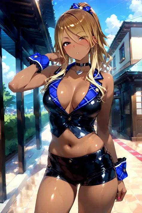 masterpiece, best quality, highres,sultty idol clothes, choker, vest, wrist cuffs,, midriff,latex shorts,medium breasts,tan,brown skin:1.3,gyaru,izumi mei \(\),