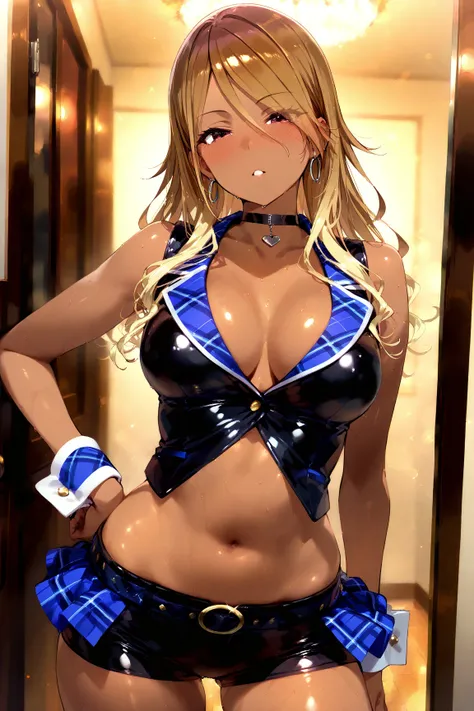 masterpiece, best quality, highres,sultty idol clothes, choker, vest, wrist cuffs,, midriff,latex shorts,medium breasts,tan,brown skin:1.3,gyaru,izumi mei \(\),