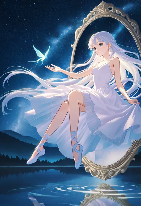 In the soft glow of moonlight, a girl in a flowing white ballet dress dances gracefully by the lakeside. The misty forest in the background adds an ethereal touch, while the starry sky is reflected on the calm, mirror-like surface of the lake, creating a d...