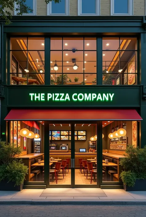 “Create a modern and clean pizza restaurant named ‘The Pizza Company’ with a color scheme of green and red. The exterior should have a stylish look with large glass windows, a glowing sign with the store name, and a welcoming entrance. Inside, the design s...