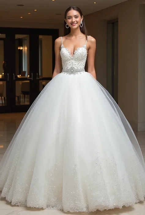 stunning royal white ball gown with a voluminous layered tulle skirt. The gown features a fitted bodice with delicate spaghetti straps and shimmering embellishments resembling tiny stars or glittering gemstones. A crystal-like decorative brooch adorns the ...