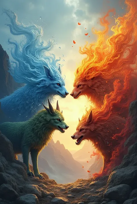 I want you to make an image where the four elements appear that appear as animals but that are like animals transformed into their elements, that is, they are made of water, earth and fire and air and that you can see that the four of them are fighting tog...