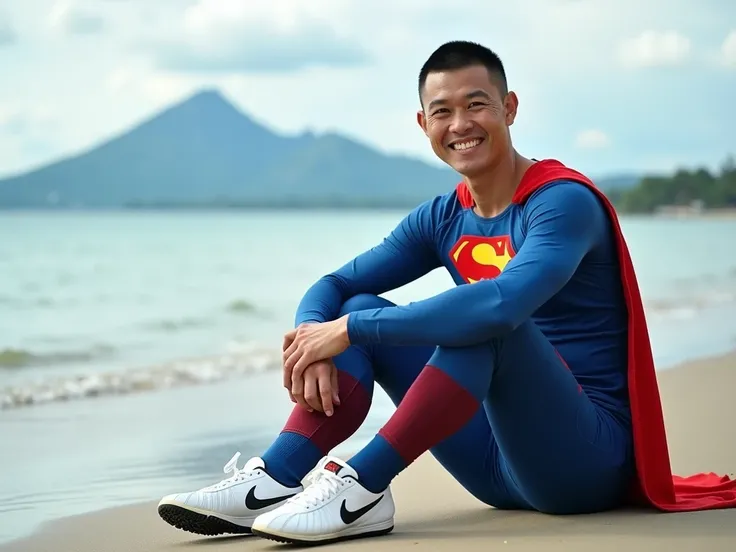 A 30y man, asian, slightly smile, buzzcut hair, wearing superman suit, and wear football shoes nike colored in white. He seated on the beach. Over the horizon as the background must have the mountain looks like mount kinabalu, visible mountain. 