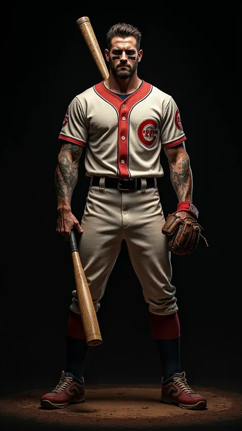  Baseball male player. Black background. Realistic Color. Bad boy. Black paint under eyes. Baseball batt in hand 