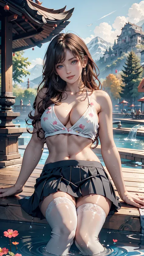  1 girl completely naked,  Medium Boobs, Chest, Mountain, soaking feet,  Seated ,   Chinese park background , white thigh high socks,Clear water,(feet:1.3), Too many flowers、Underboob tops 、Underboob visible、Belly button visible、 micro mini length pleated ...