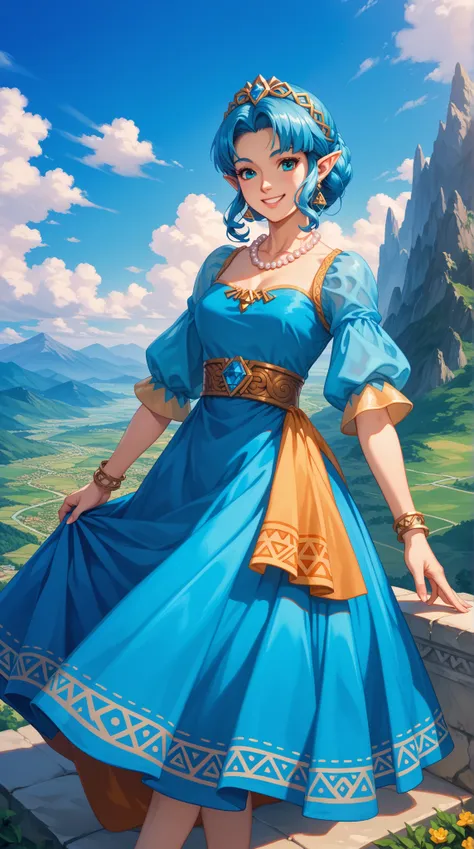 一幅charming的藝術品， Zelda Inspired ，散發出charming優雅的魅力， Slightly Calm Smile ：0.3， Wearing a Delicate and Delicate Long Water Blue Dress， Long Smooth Aqua Blue Skirt ，Pearl Necklace ， Gold Plate as a Necklace ， Fantastic ，wondrous，charming的， Historical Fantasy ，L...