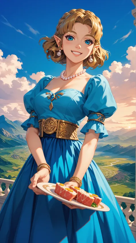 一幅charming的藝術品， Zelda Inspired ，散發出charming優雅的魅力， Slightly Calm Smile ：0.3， Wearing a Delicate and Delicate Long Water Blue Dress， Long Smooth Aqua Blue Skirt ，Pearl Necklace ， Gold Plate as a Necklace ， Fantastic ，wondrous，charming的， Historical Fantasy ，L...