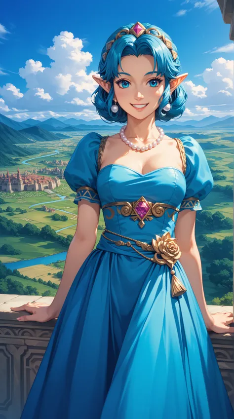 一幅charming的藝術品， Zelda Inspired ，散發出charming優雅的魅力， Slightly Calm Smile ：0.3， Wearing a Delicate and Delicate Long Water Blue Dress， Long Smooth Aqua Blue Skirt ，Pearl Necklace ， Gold Plate as a Necklace ， Fantastic ，wondrous，charming的， Historical Fantasy ，L...