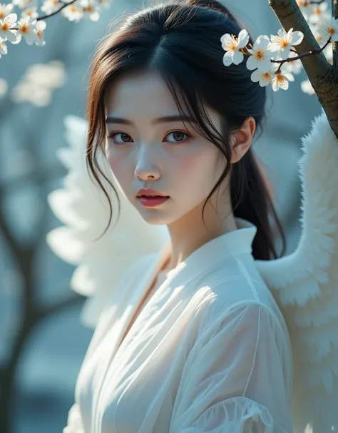   Highly Detailed Depiction of a Young Asian Woman ,  The Pale  ,   The Graceful Character  ,  Gives Her An Angelic Look .   For Her Expressive Eyes 、 is full of innocence and mystery that enhances softness ,   adds purity and kindness to her expression  ....