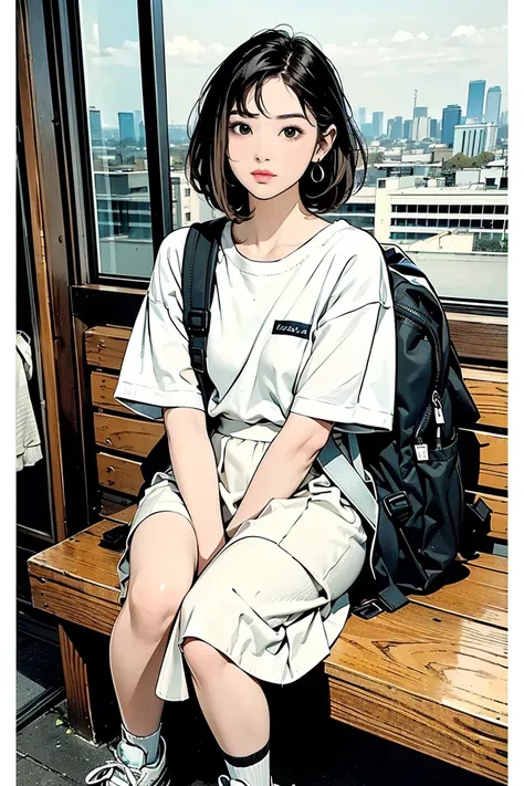 ( in the seat) 、Create "   is standing facing right "  scene of a young high school girl with beautiful black eyes and looks like Japanese . silver color highlight hair , ash brown hair ,


 、 droopy eyes 、 ( plump skin :0.8) 、 cityscape drawn down to the ...