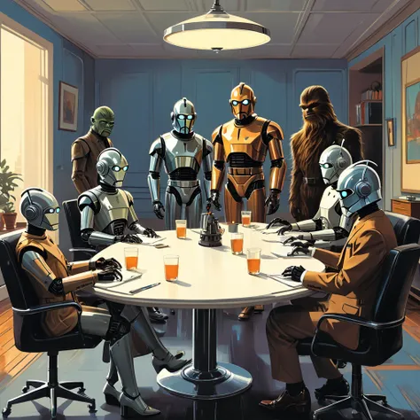 Clipart.  business meeting. Little Robots Reunited . Retro atmosphere.  Business Presentation. Inspired by Ralph McQuarrie.