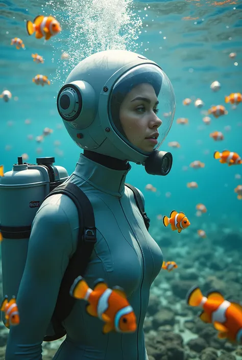 (masterpiece:1.2,Distinguished Quality,Mirror-like,Cinematic Experience),8k,wallpaper,,(A beautiful woman wearing a gray latex space body fit suit with oxygen tank for underwater exploration interacts with very beautiful Tropical fish clownfish of various ...