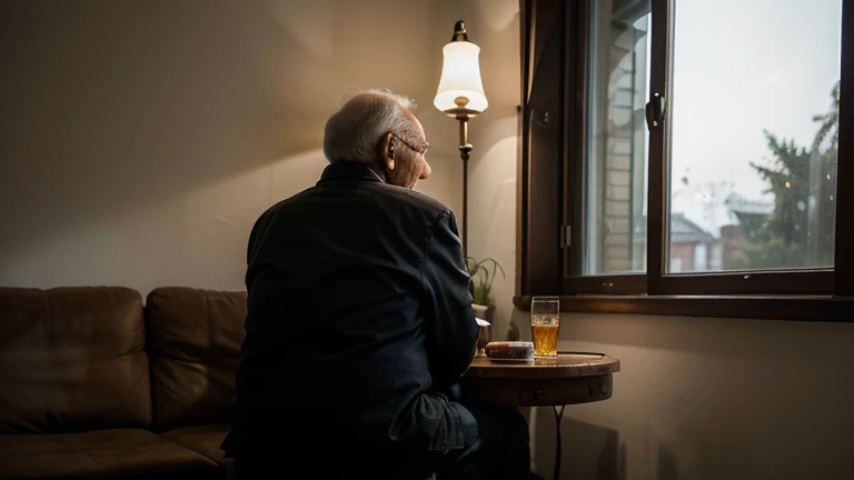 a room , a old man is sitting on sofa and a table is next to him and a glass of wiskey is on table. and he is looking a way from the window, night mode, glow light in the room, camera angle is from behind and a way from the old man