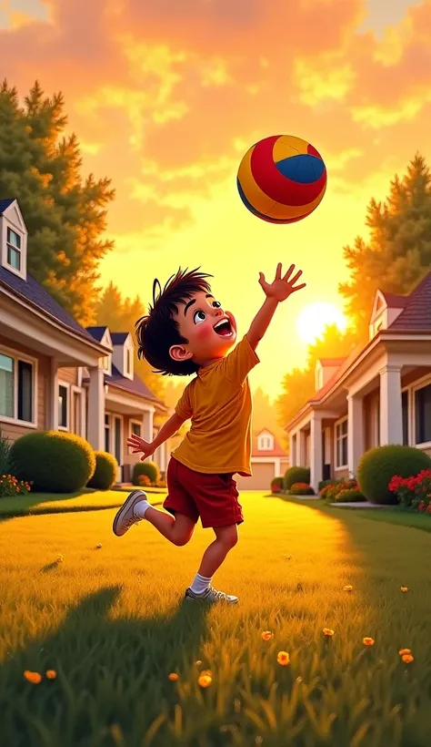 Oil painting ren playing ball, in the suburbs, at sunset