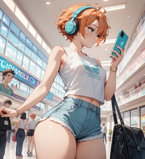  A light-skinned Tomboy ,  small breasts,  big thighs ,  short curly light orange hair, light green eyes,  sleeveless t-shirt wears loose shorts aesthetic , an aesthetic , Is there a mall, blush,  closed mouth , is in profile,  wears headphones and is usin...